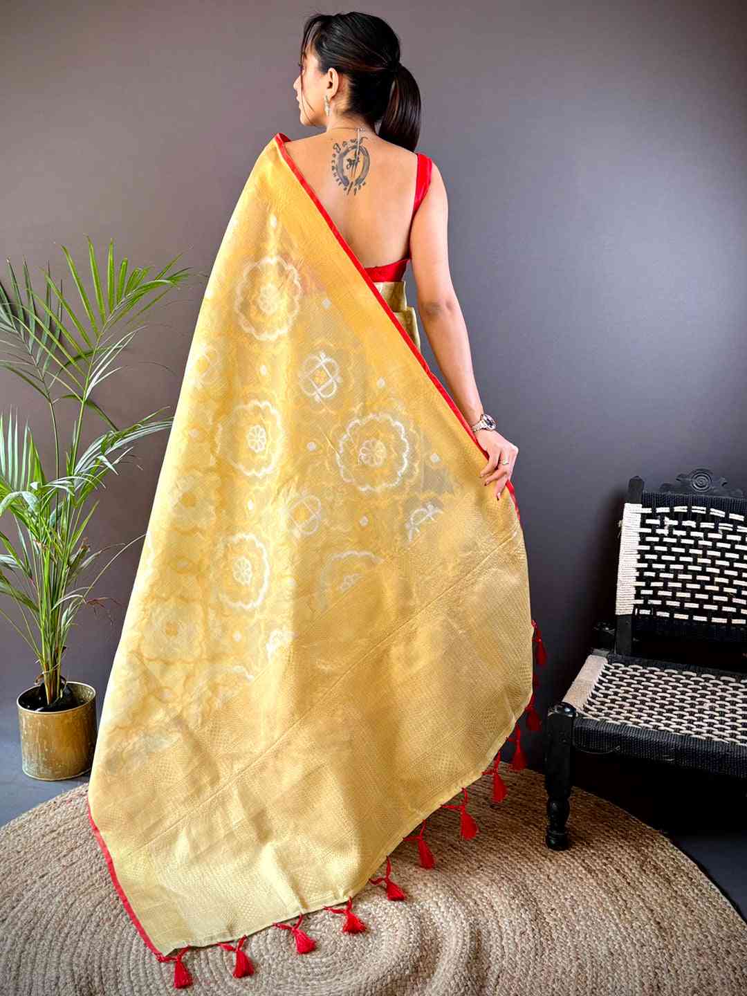 Minakari Floral Saree With Red Tassels by My Store