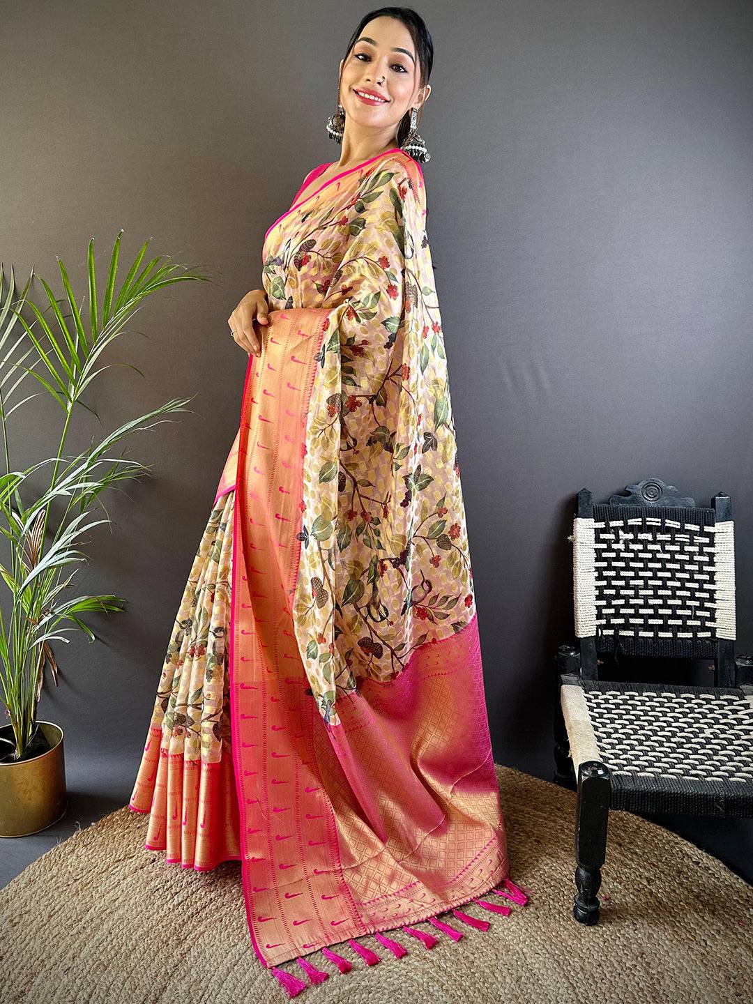 Pastel Cream Paithani Kora Silk Saree by My Store