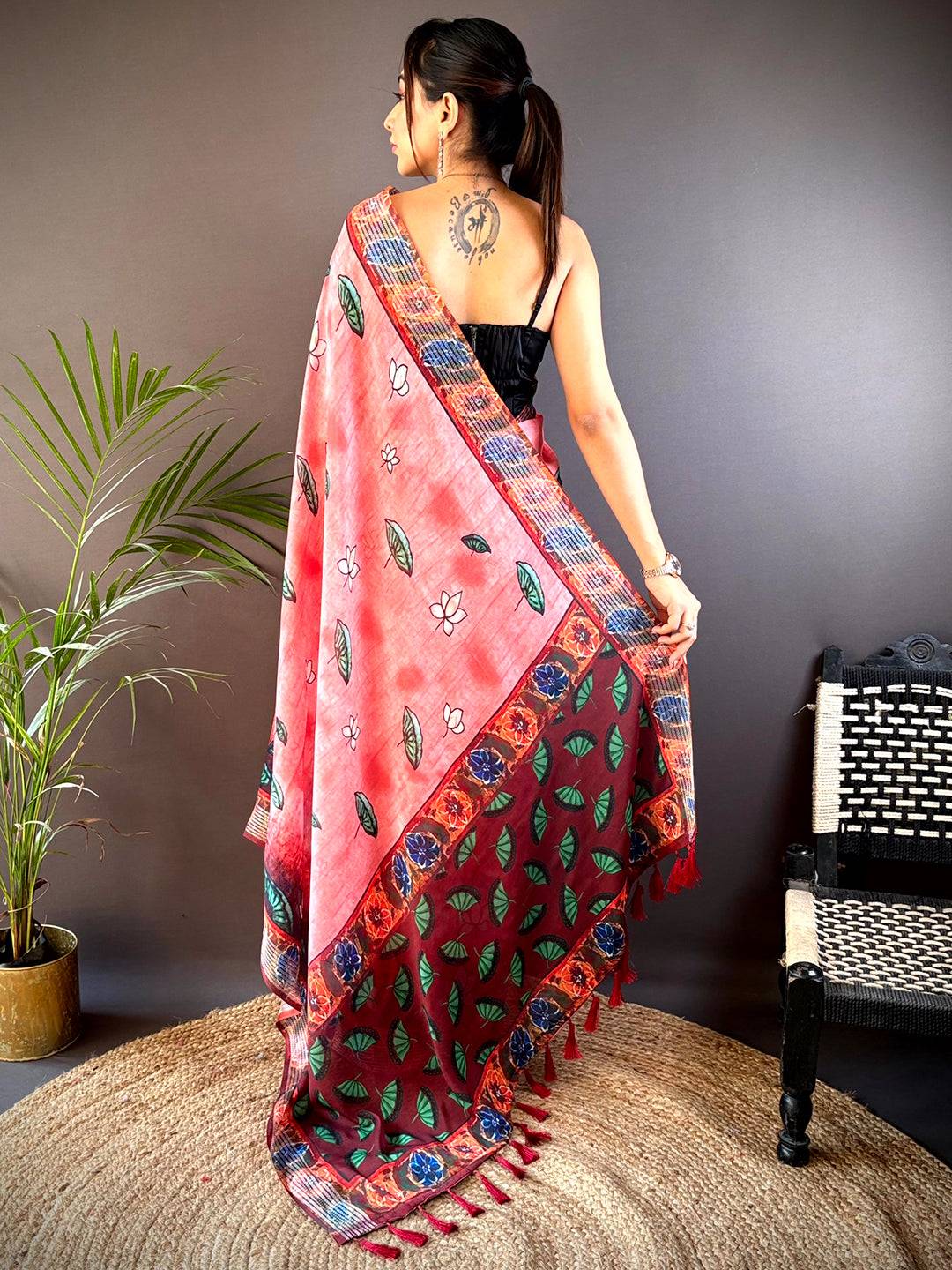 Pink Georgette Pichwai Print Saree by My Store