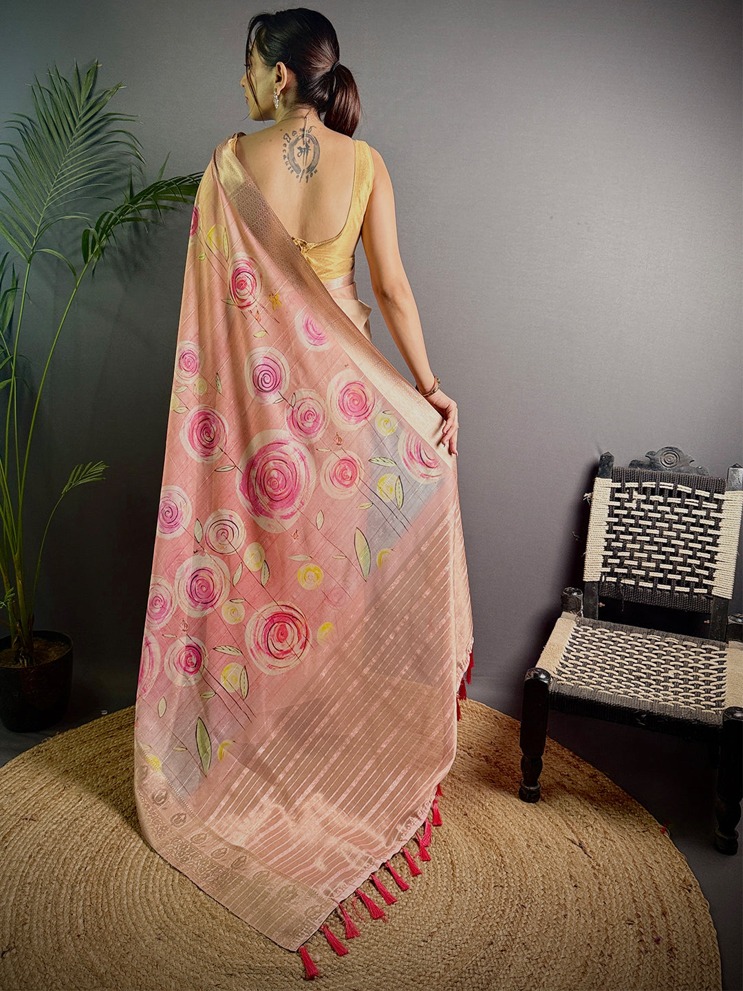 Light Pink Soft Organza Silk Floral Saree by My Store