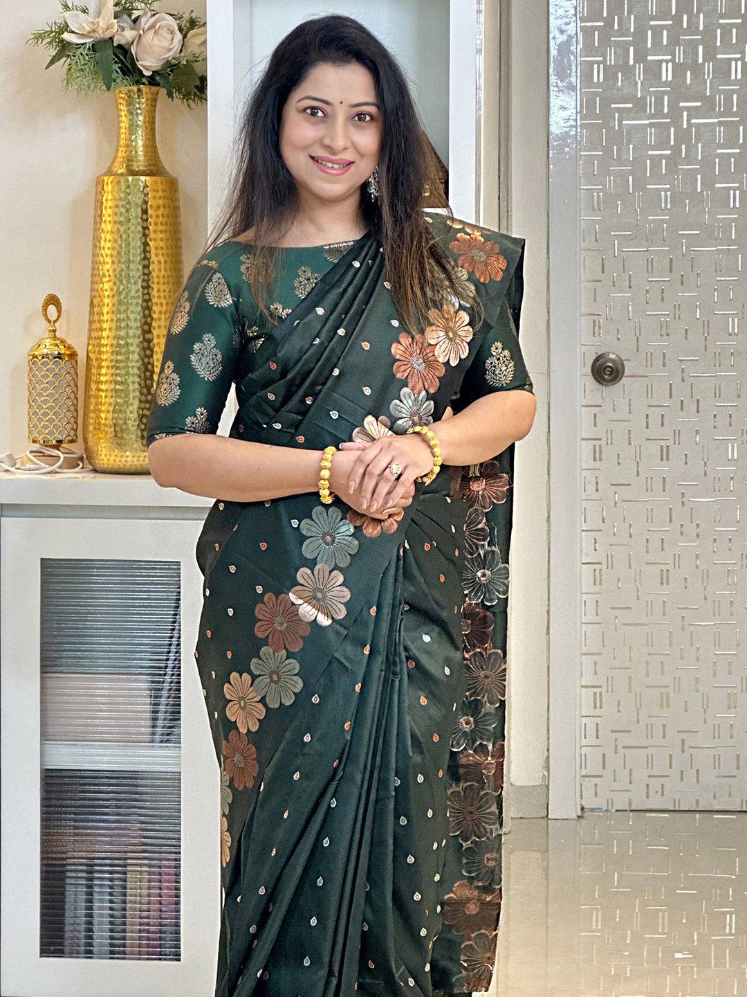 Dark Green Soft Silk Zari Woven Saree by My Store