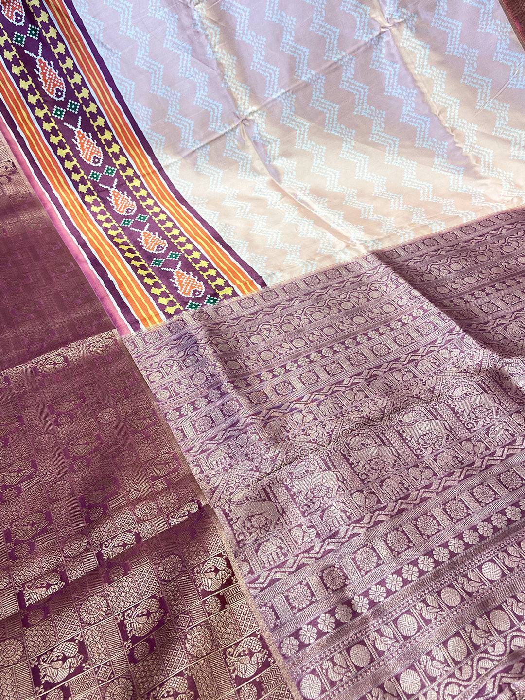 Light Orange Geometric Silk Saree by My Store