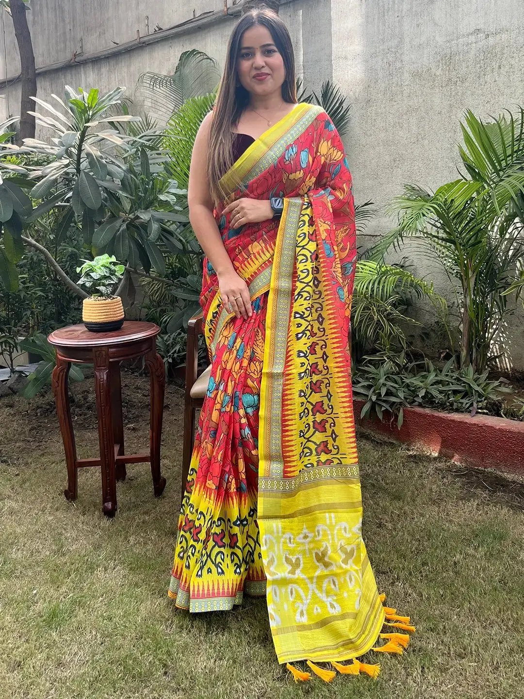 Floral Ikkat Printed Party Wear Saree by My Store