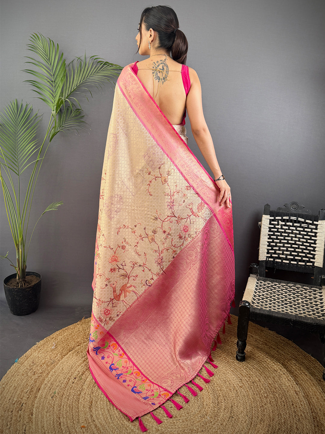 Ethereal Kora Muslin Floral Kalamkari Saree by My Store