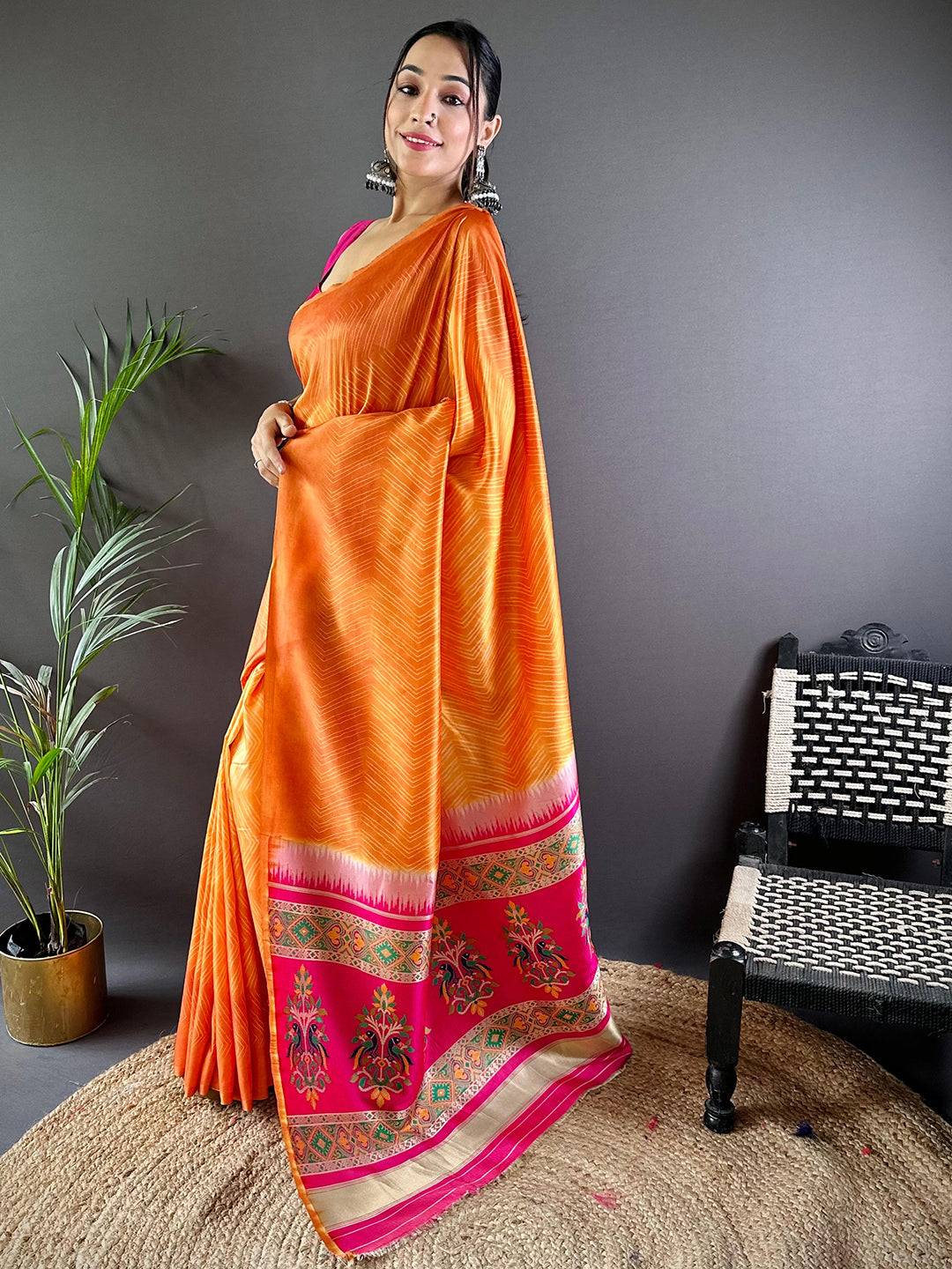 Orange Leheriya Gamthi Silk Sarees by My Store