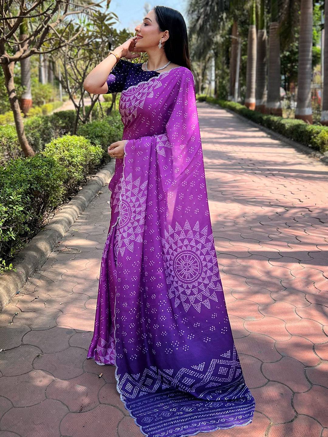 Purple Georgette Silk Saree with Ombre Bandhej Print & Swaroski Stone Work by My Store