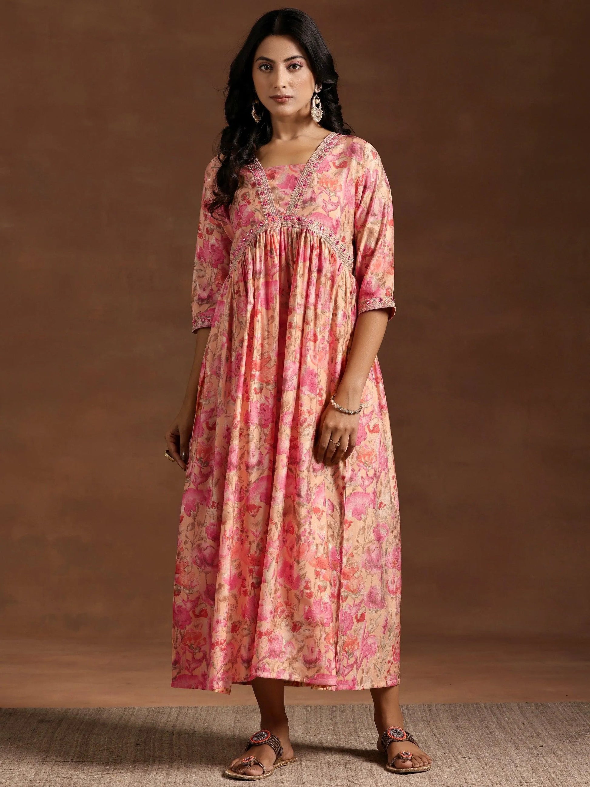 Orange Printed Silk Fit and Flare Dress by My Store