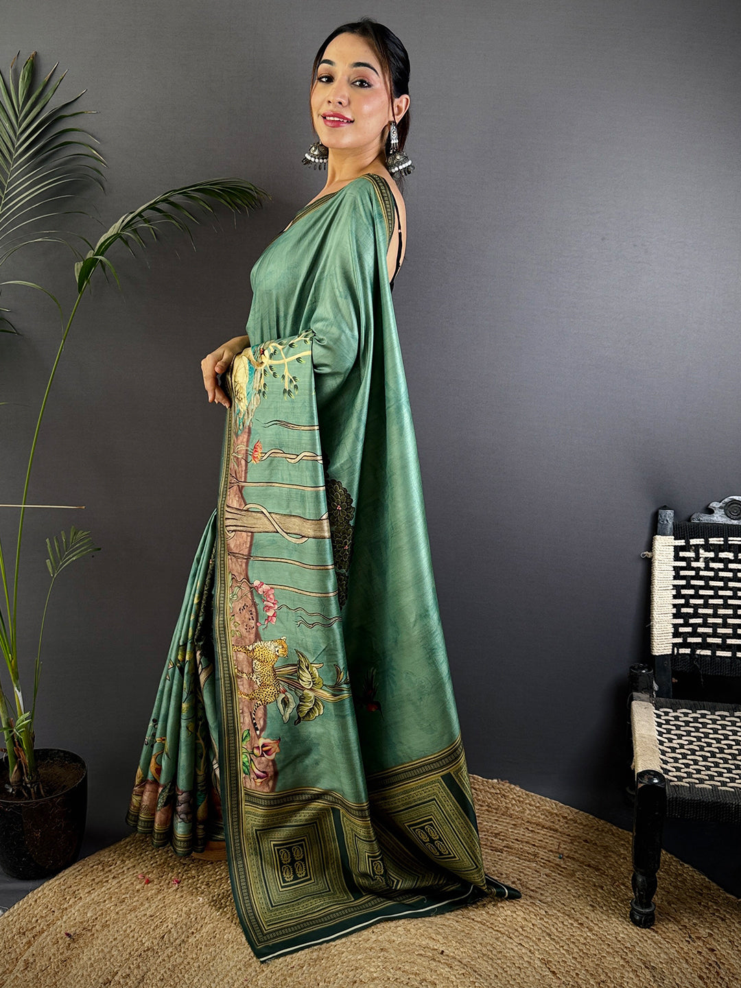 Green Soft Dola Silk Printed Saree by My Store
