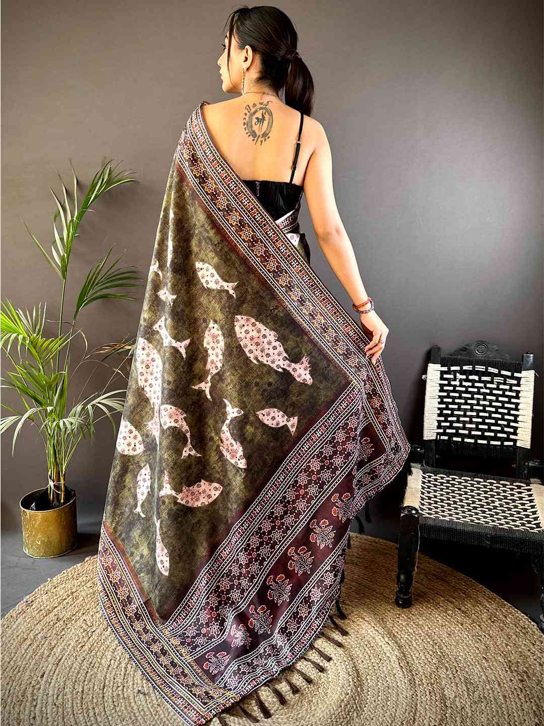Dark Brown Soft Silk Fish Kalamkari Saree by My Store