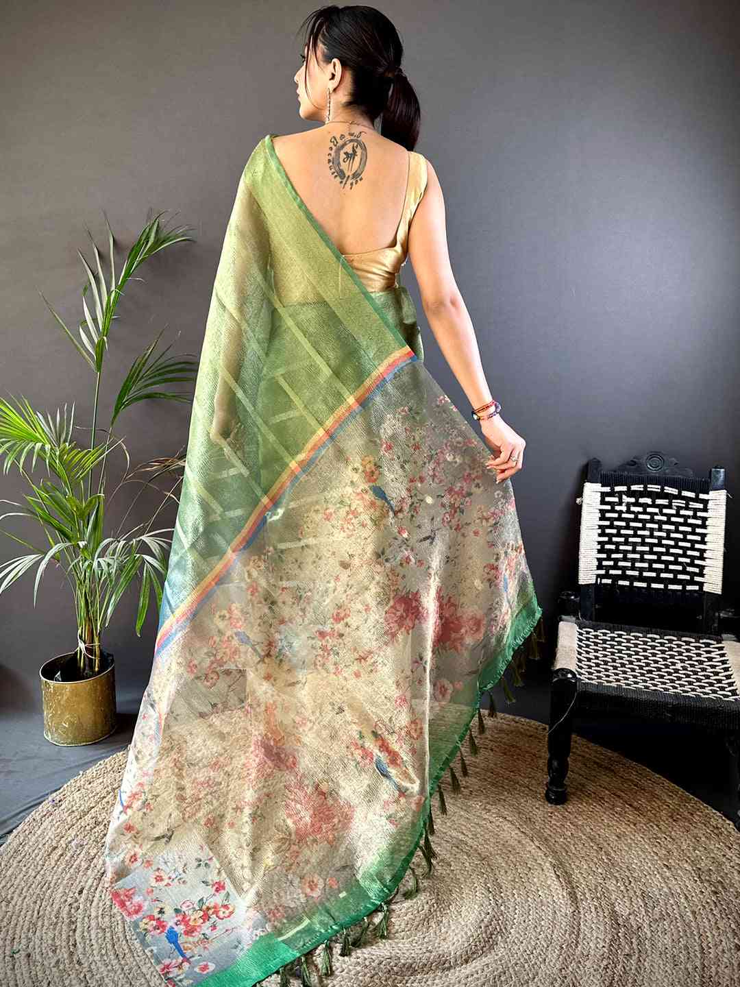 Dark Green Ombre Zari Tissue Digital Print Saree by My Store