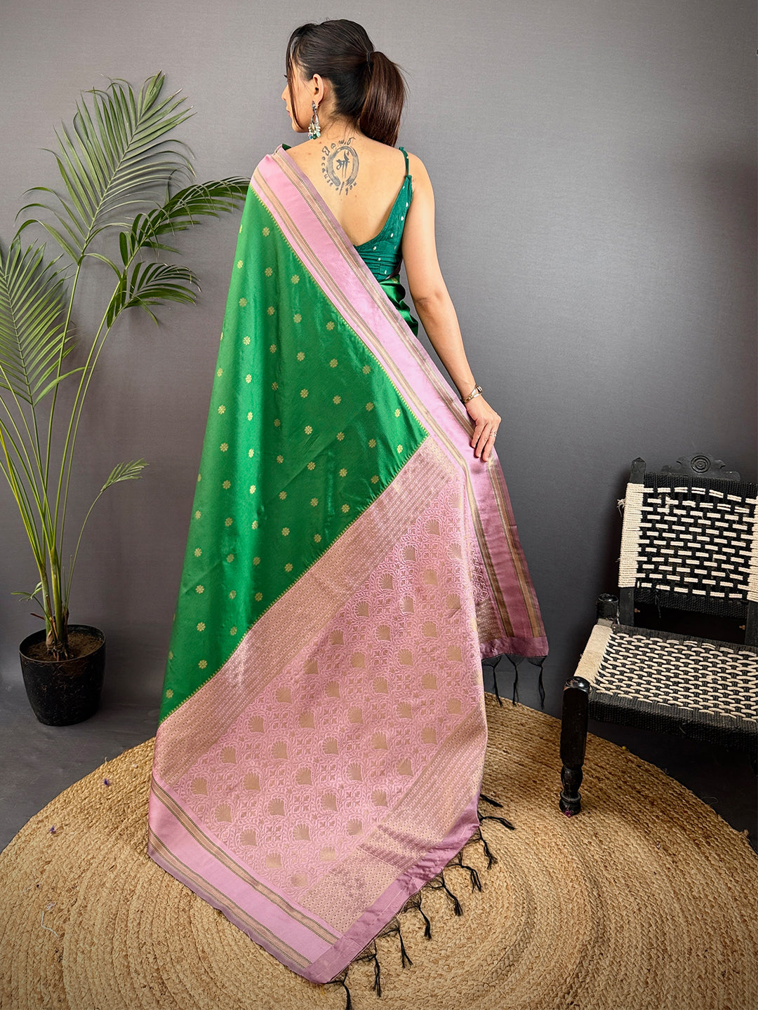 Green Silk Blend Floral Saree by My Store