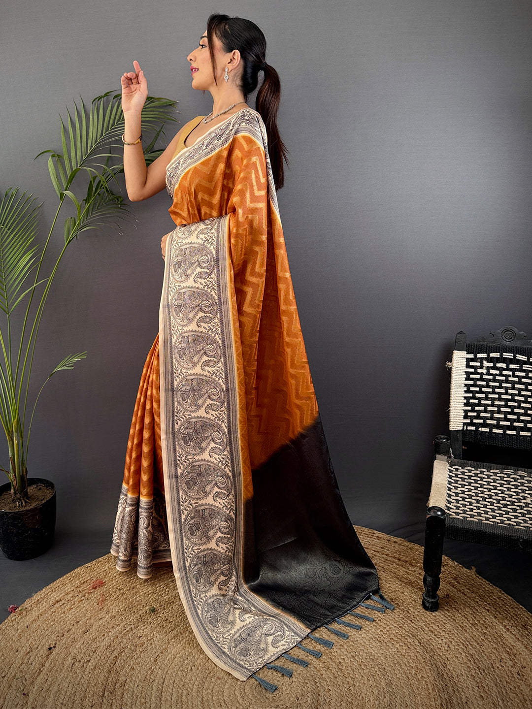 Rust Orange Madhubani Print Soft Silk Saree by My Store