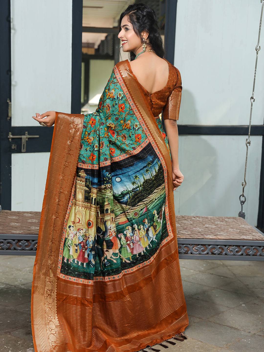 Turquoise Colour Pure Viscose Dola Silk Saree With Mughal Motifs - Luxe