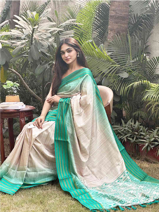 Ikkat Motifs and Paisley Prints on Ghicha Saree by My Store