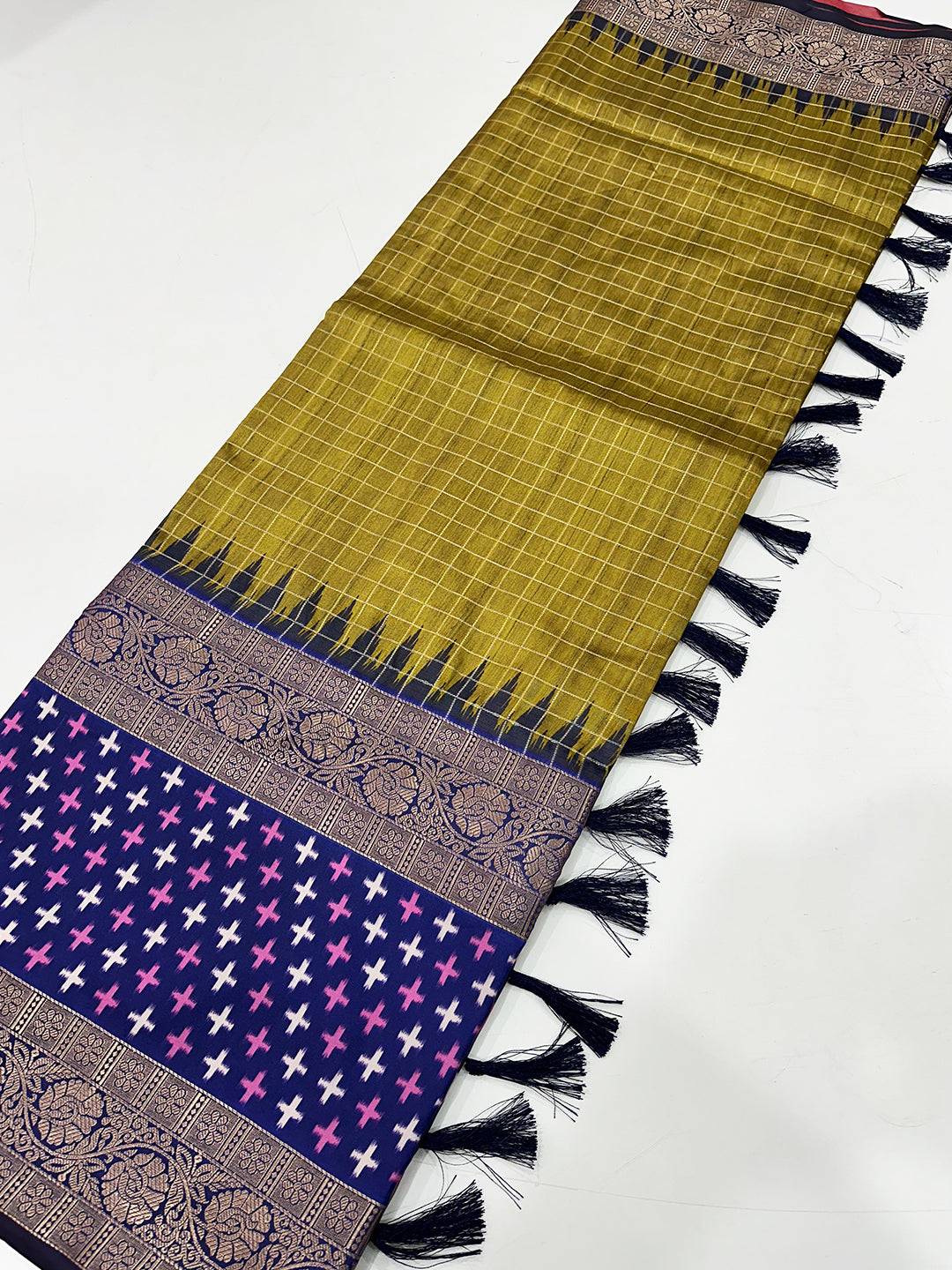 Green Chex Ikkat Saree With Double Border by My Store