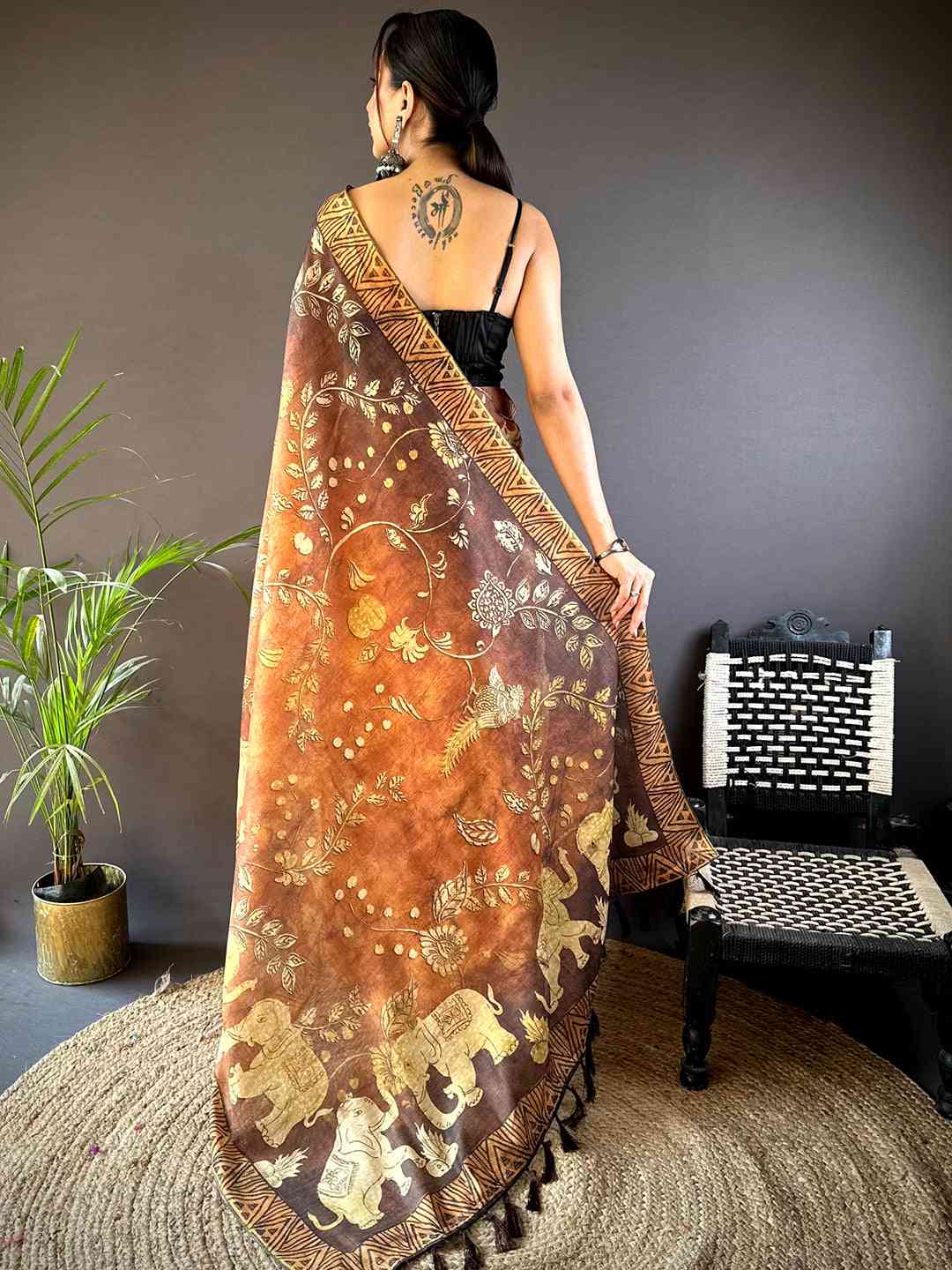 Mustard Kalamkari Block Print Chanderi Saree by My Store