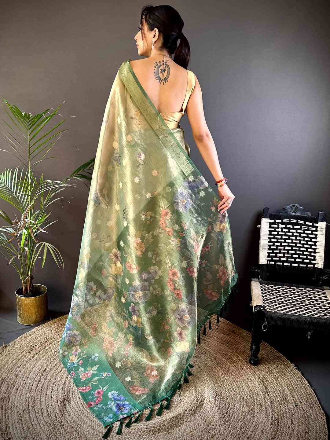 Dark Green Tissue Digital Floral Saree by My Store