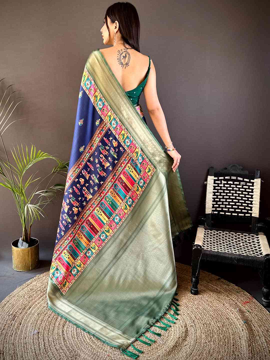 Dark Blue Mughal Kalamkari Print Pashmina Saree by My Store