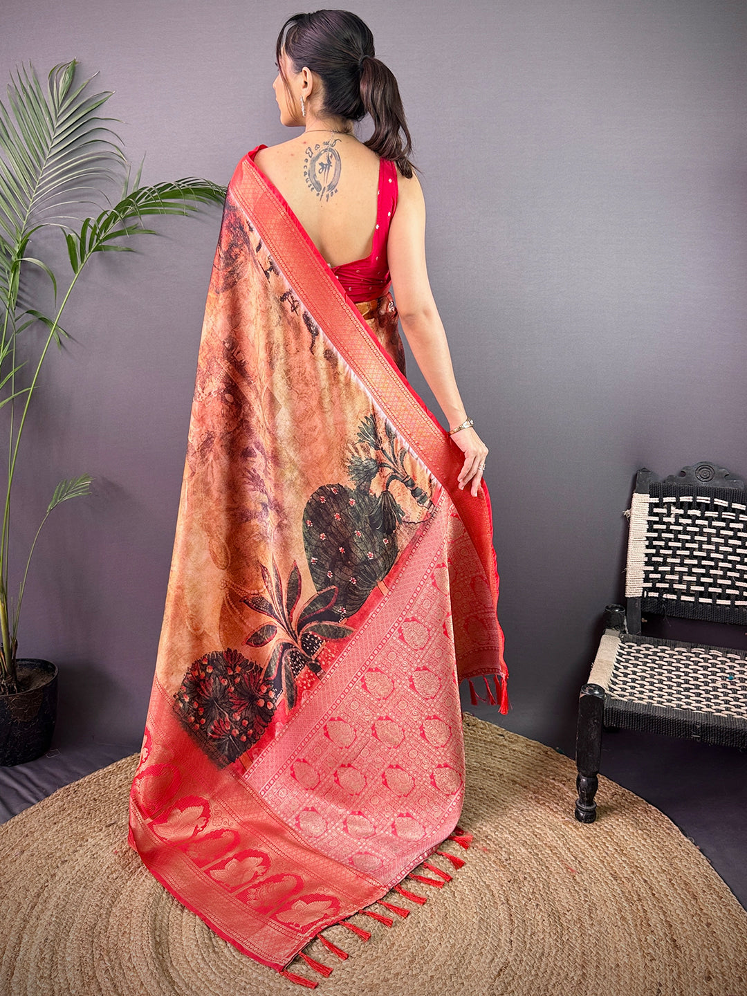 Heritage Soft Cherry Satin Kalamkari Print Saree by My Store