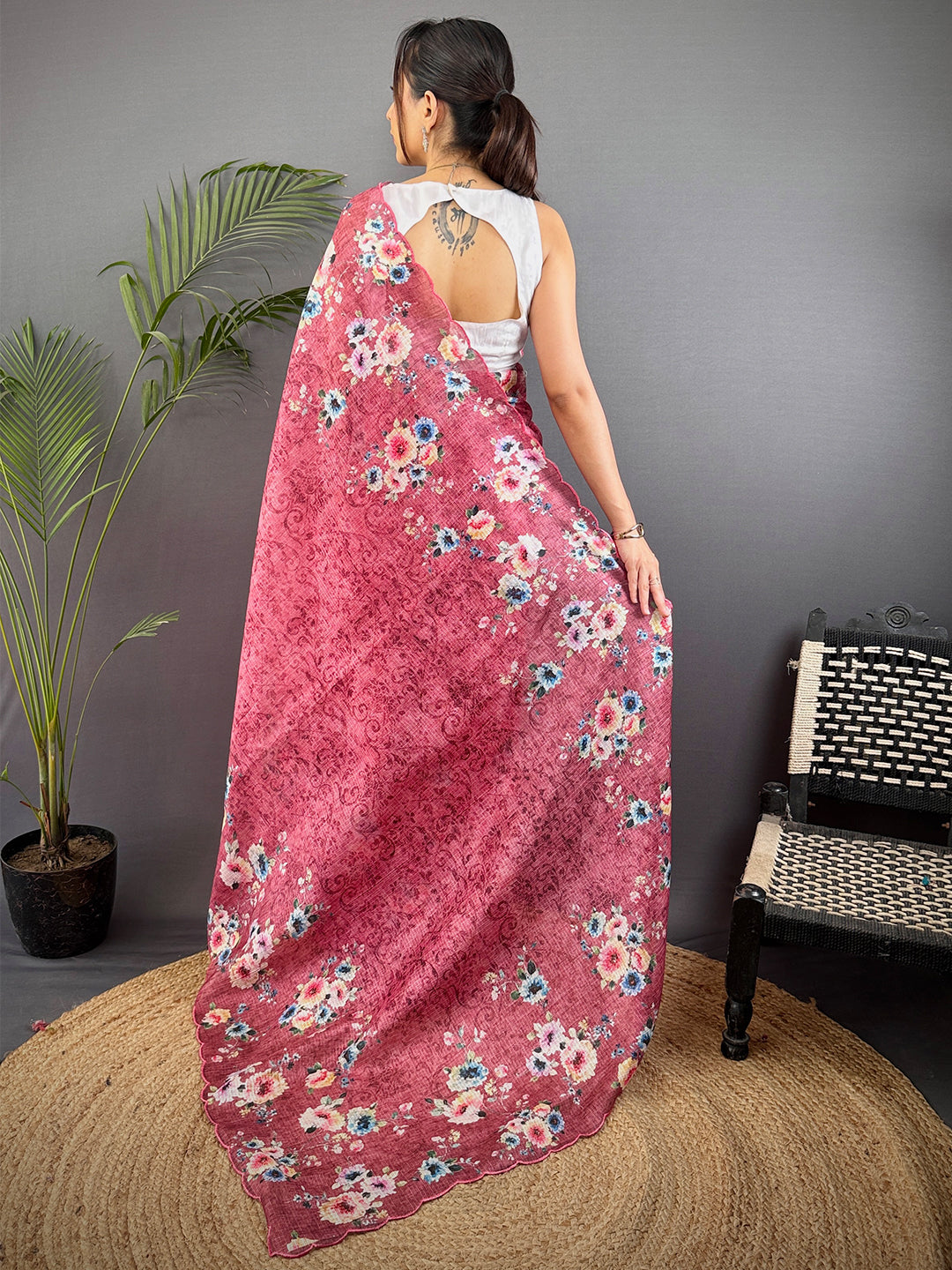 Rose Pink Kota Doriya Floral Cut Work Saree by My Store