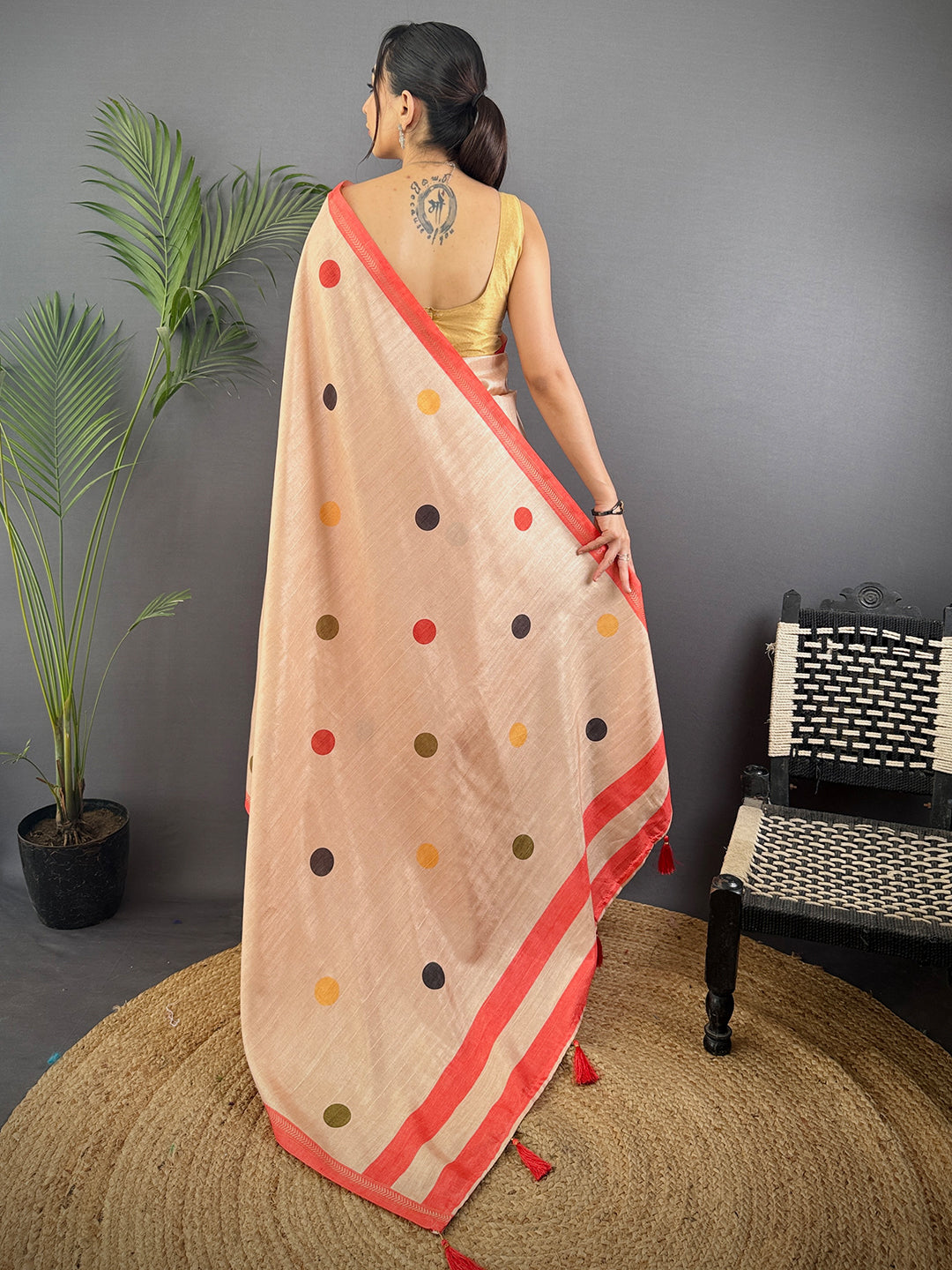 Cream Handloom Ghicha polka Dot Saree by My Store
