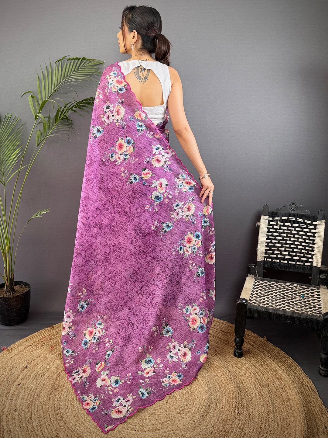 Lilac Purple Kota Doriya Floral Cut Work Saree by My Store