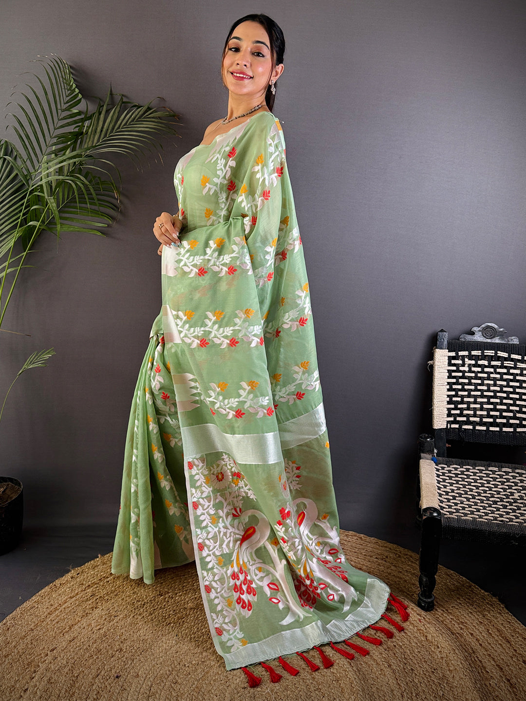 Pastel Green Dhakai Cotton Silk Saree by My Store
