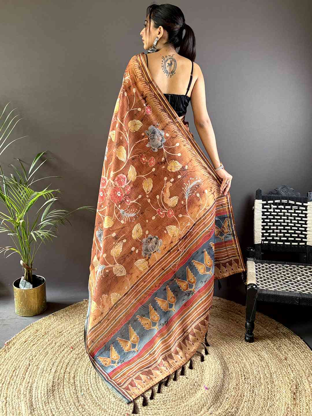 Copper Brown Tissue Chanderi Kalamkari Saree by My Store