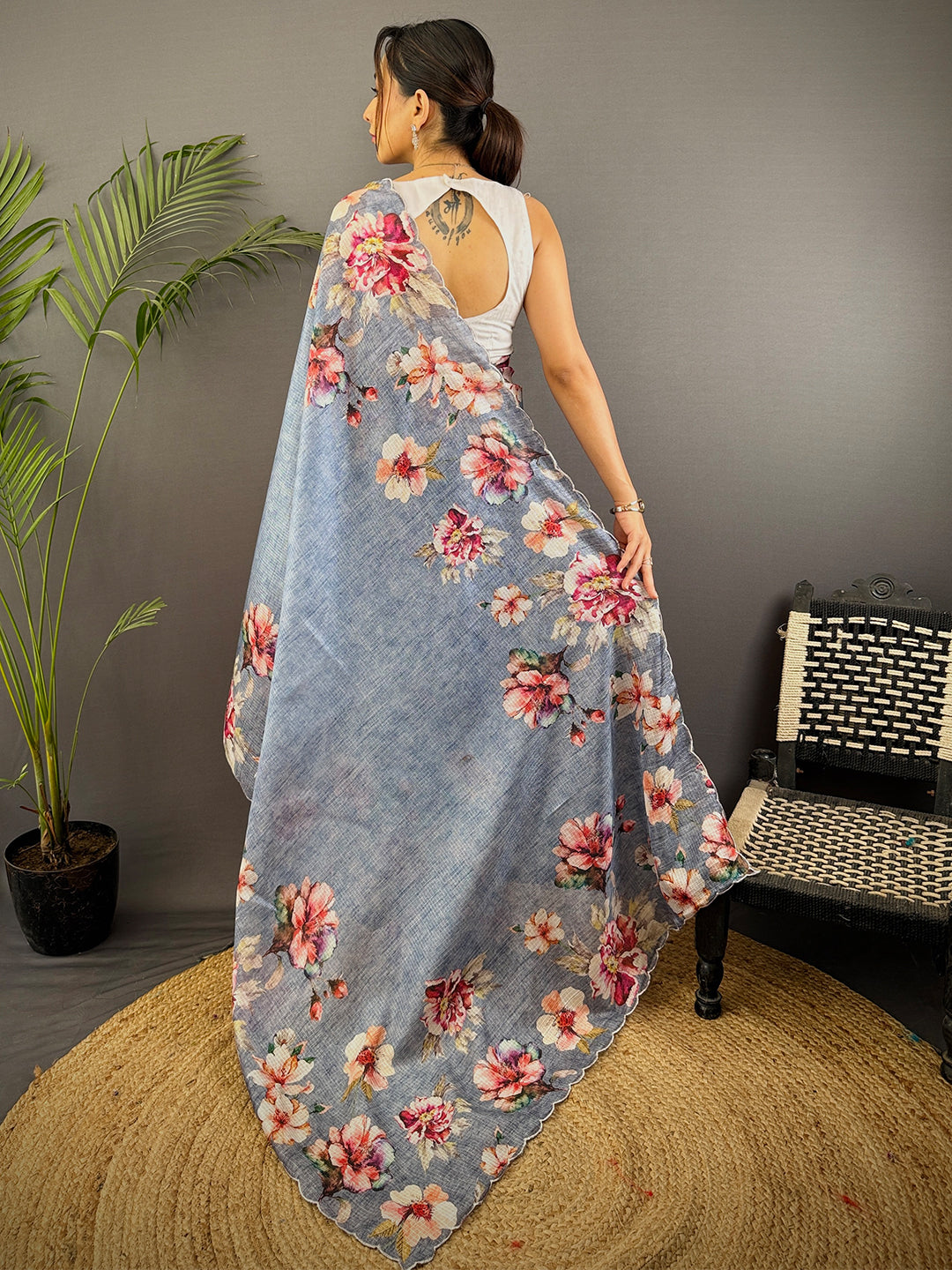 Dusty Blue Kota Floral Digital Cut Work Saree by My Store