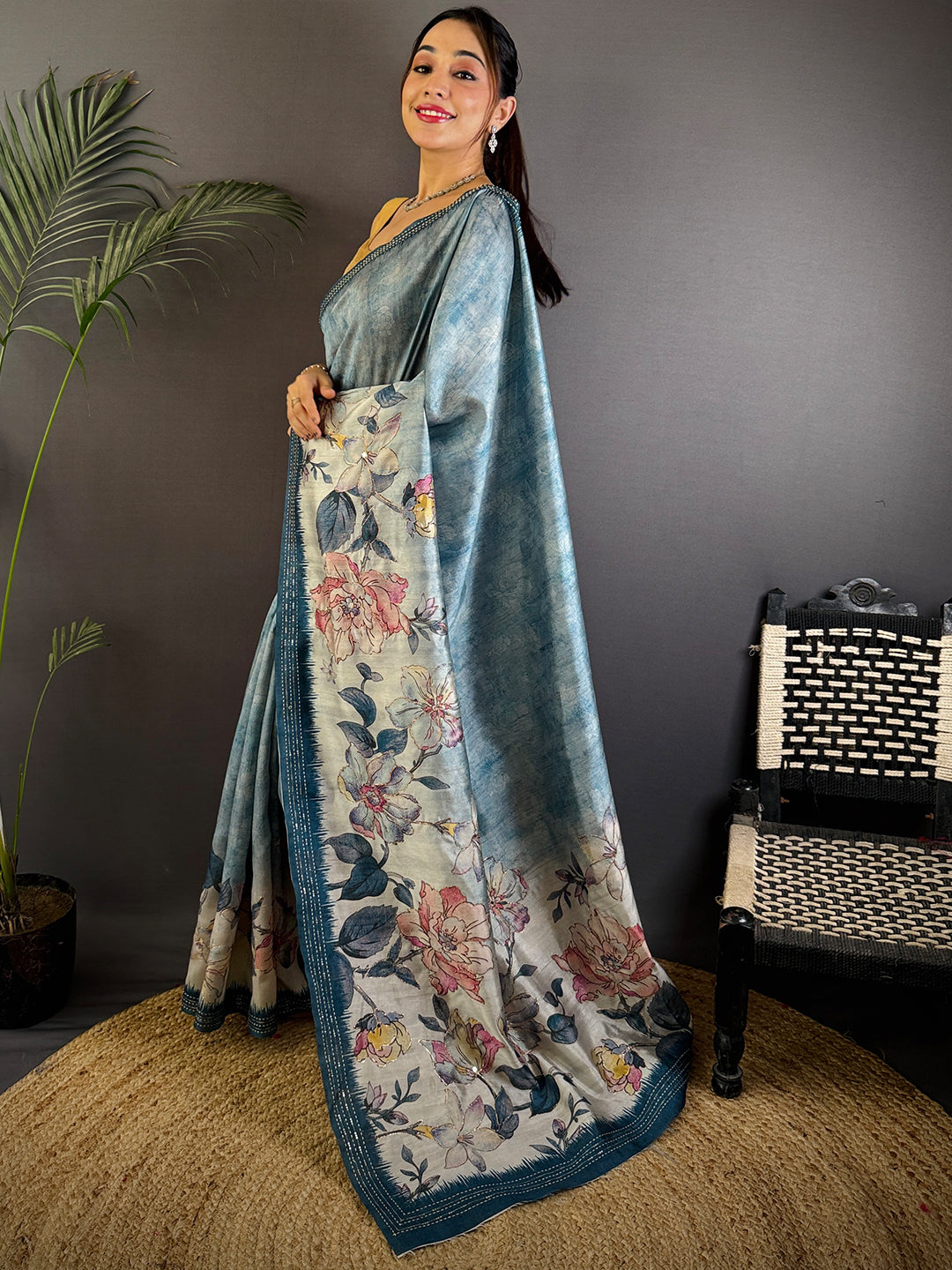 Blue Soft Tussar Silk Digital Floral Saree