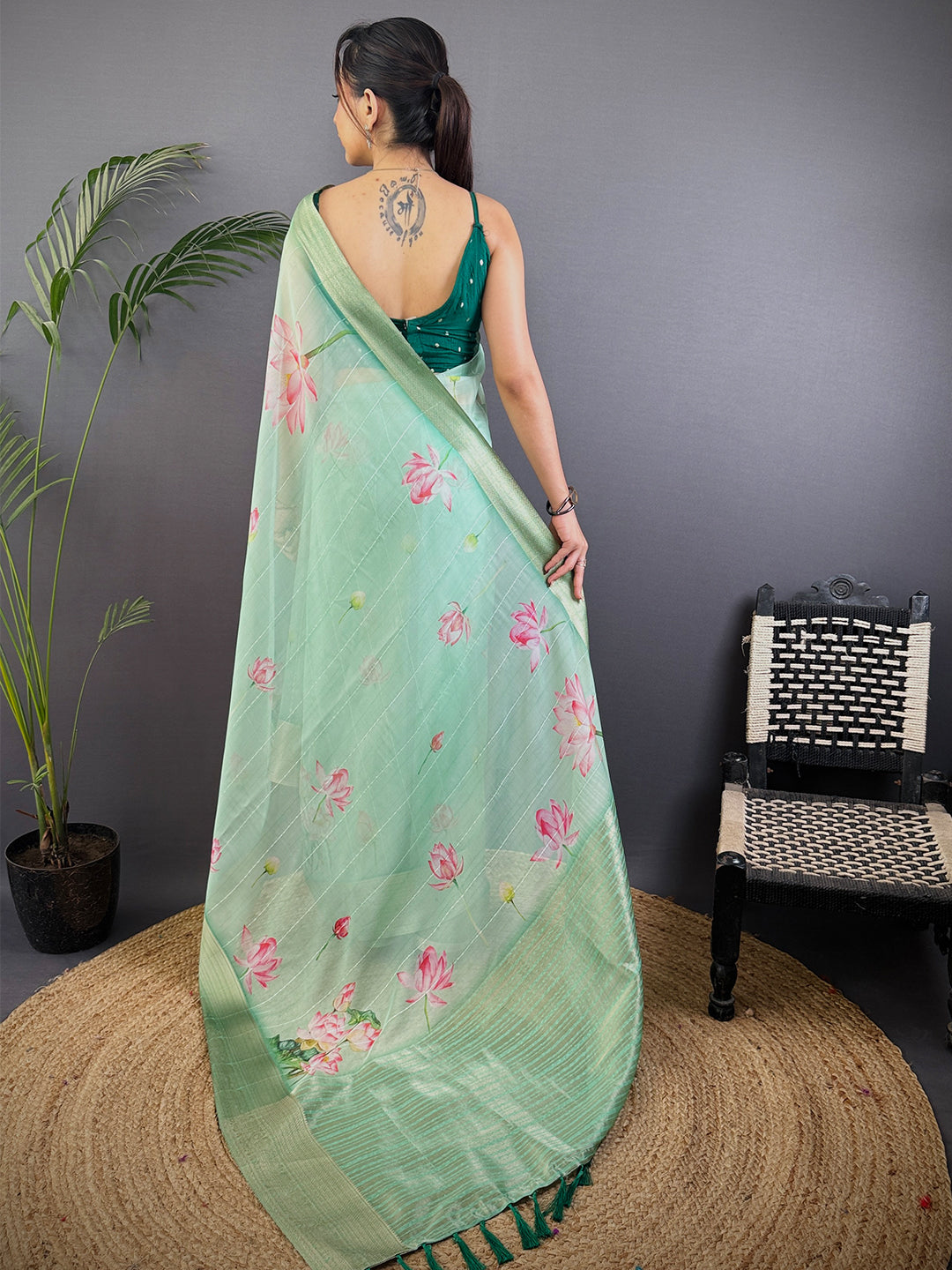 Mint Green Soft Organza Digital Print Saree by My Store