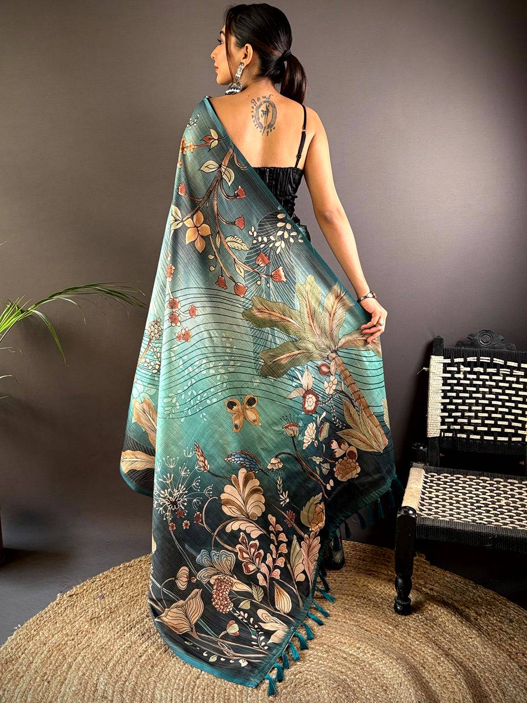 Rama Semi Gold Zari Botanical Tussar Saree by My Store