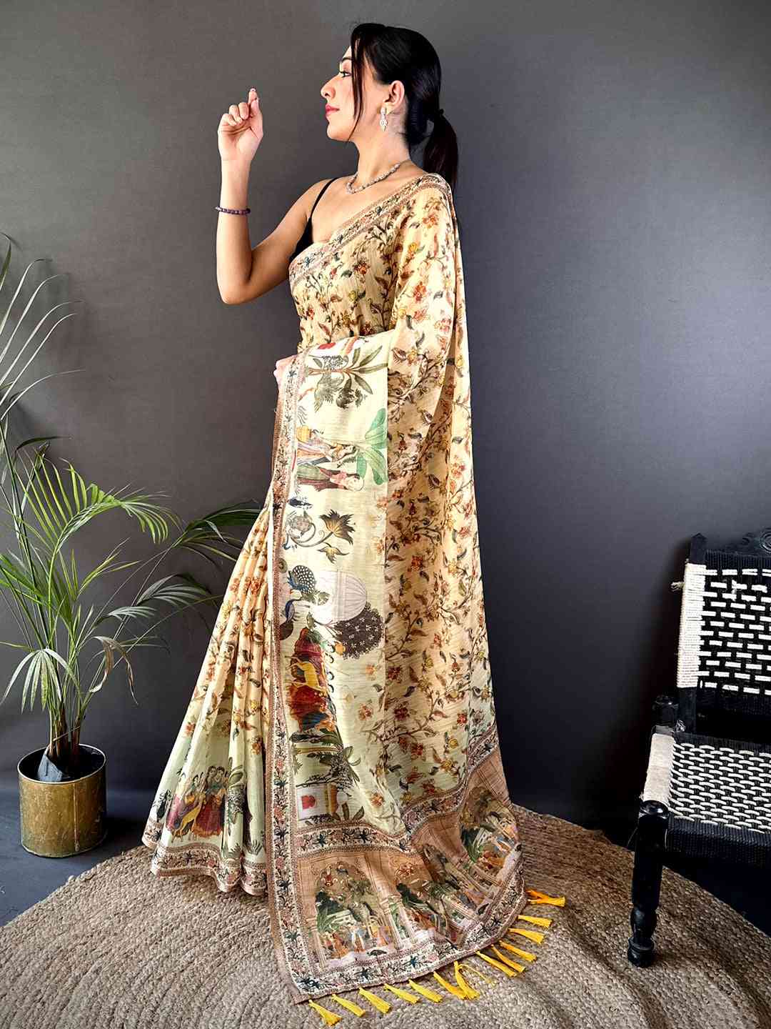 Beige Tussar Pashmina Kalamkari Saree