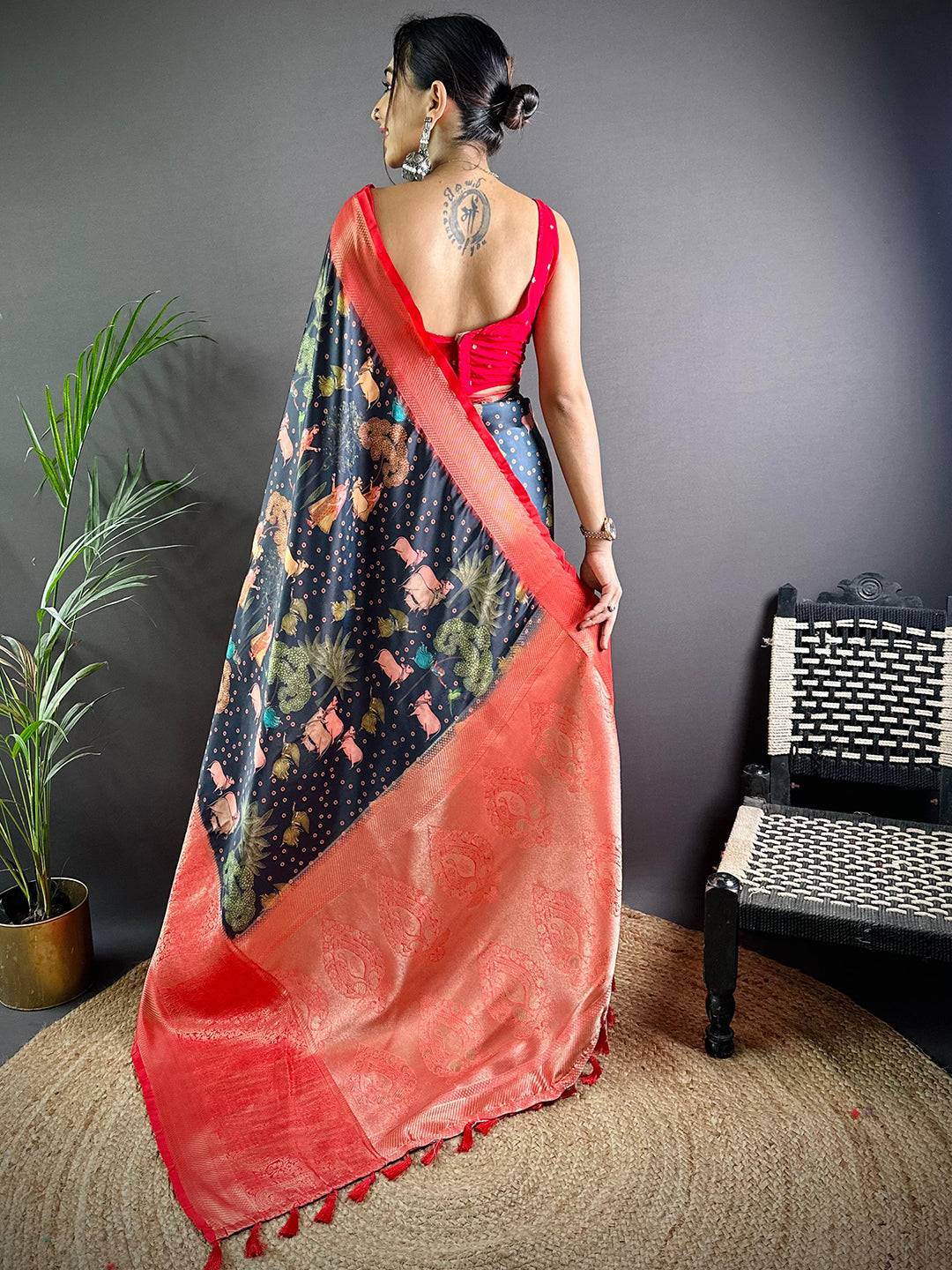 Black Satin Pichwai Print Saree