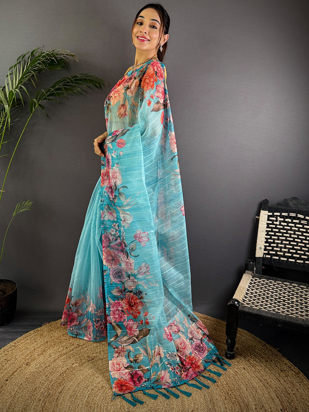 Sky Blue Soft Organza Digital Floral Saree by My Store