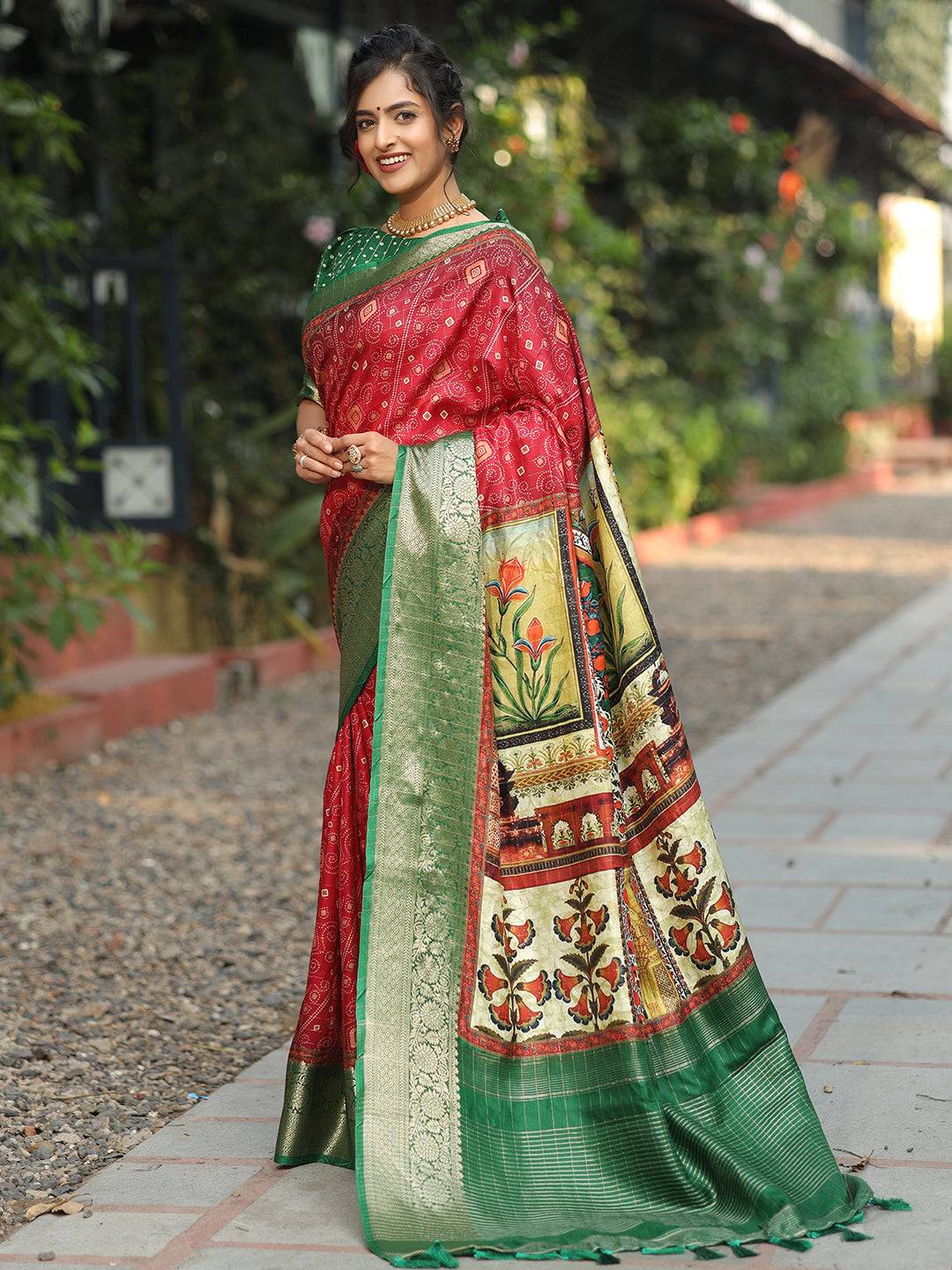 Red Colour Pure Viscose Dola Silk Saree With Mughal Motifs - Luxe by My Store