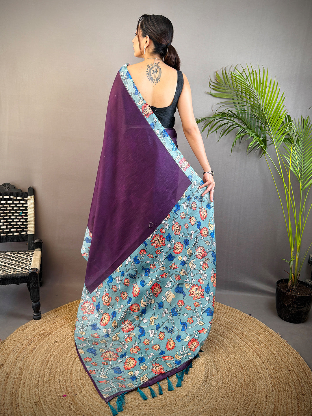 Purple Linen Kalamkari Print Saree by My Store