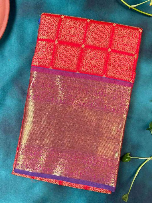 Kanjivaram Silk Saree Red Colour With Checked Print by My Store