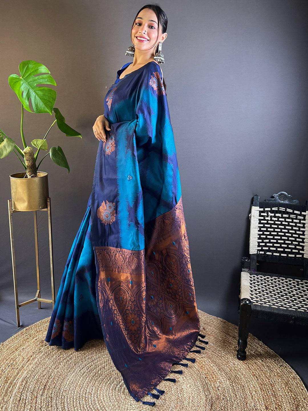 Dark Blue Tussar Silk Ikkat Weaving Saree by My Store