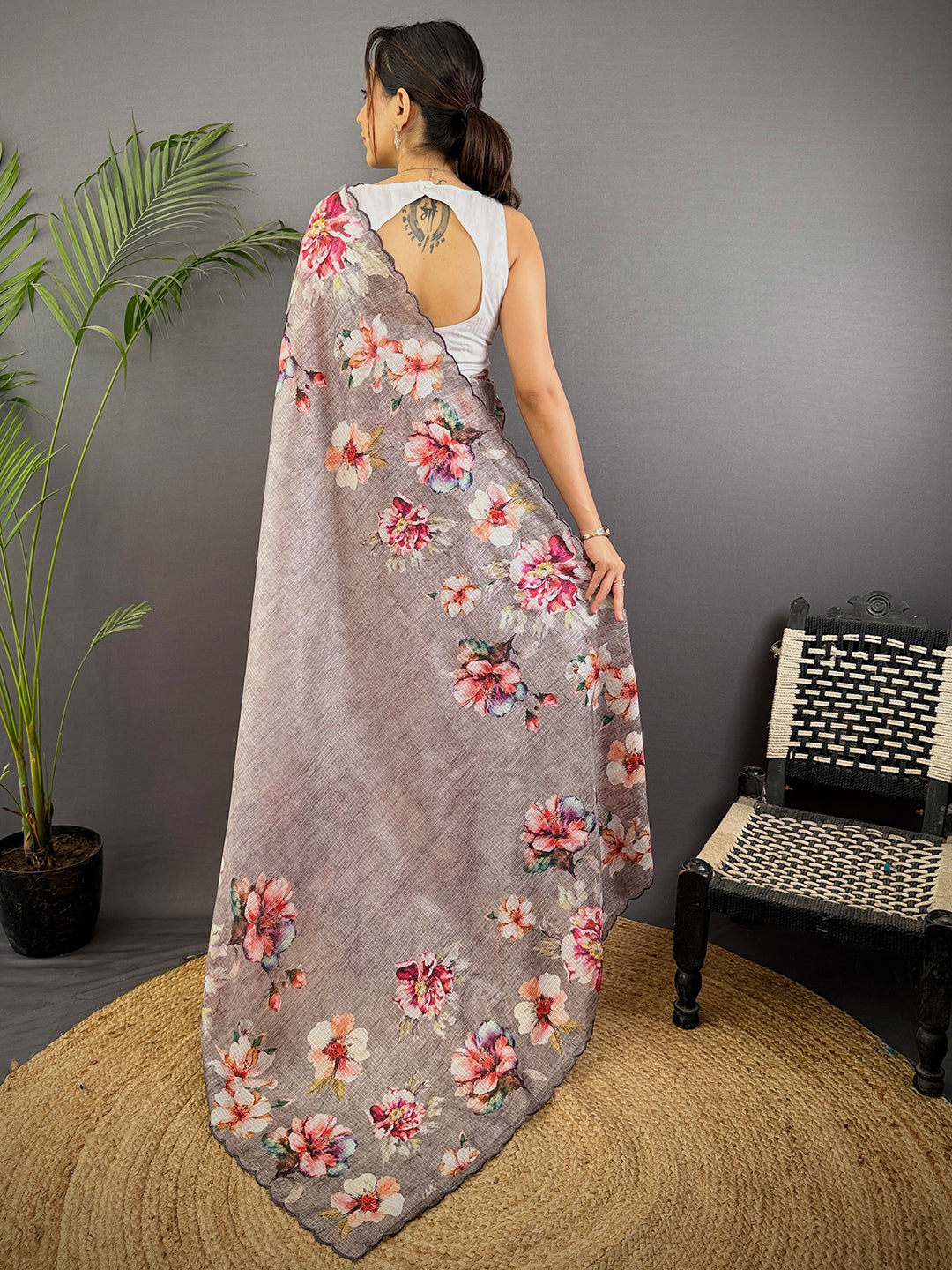 Grey Floral Cut Work Kota Saree by My Store