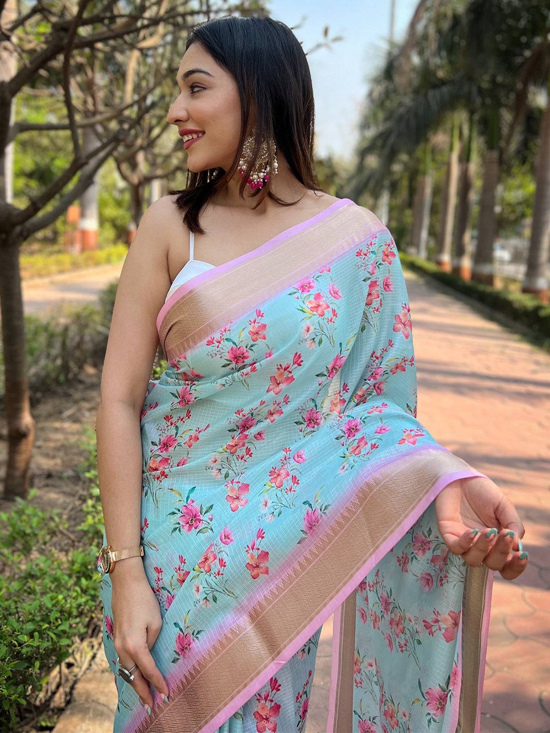 Aqua Kota With Digital Floral Printed Saree
