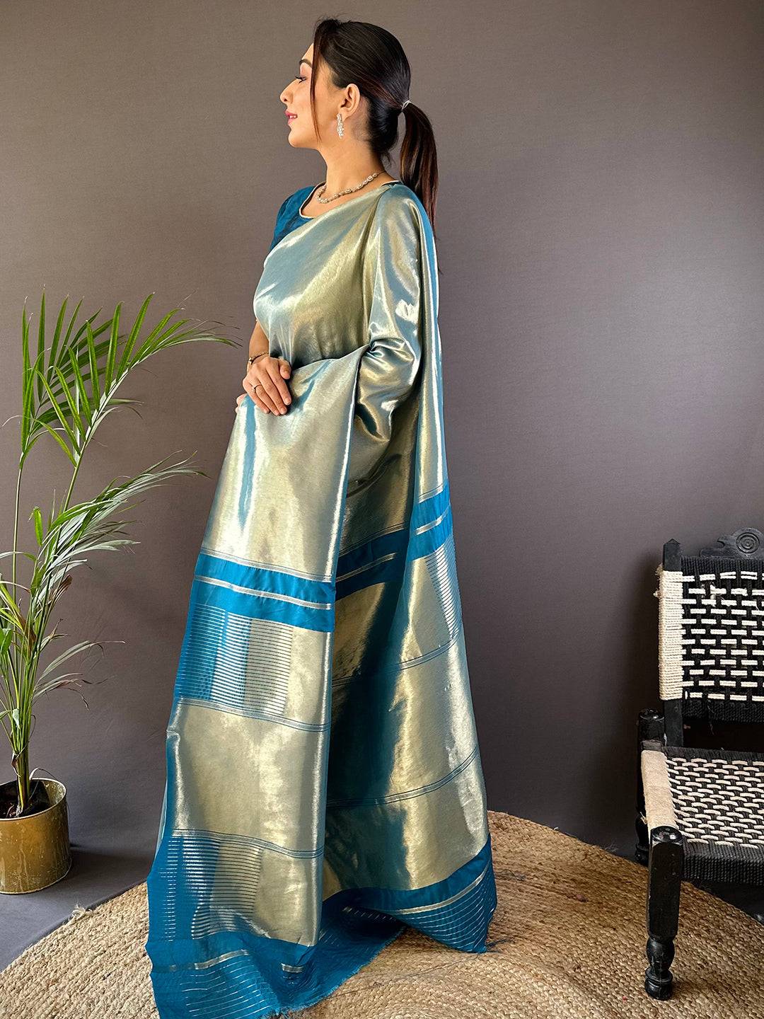 Teal Elegance Kanjivaram Saree by My Store