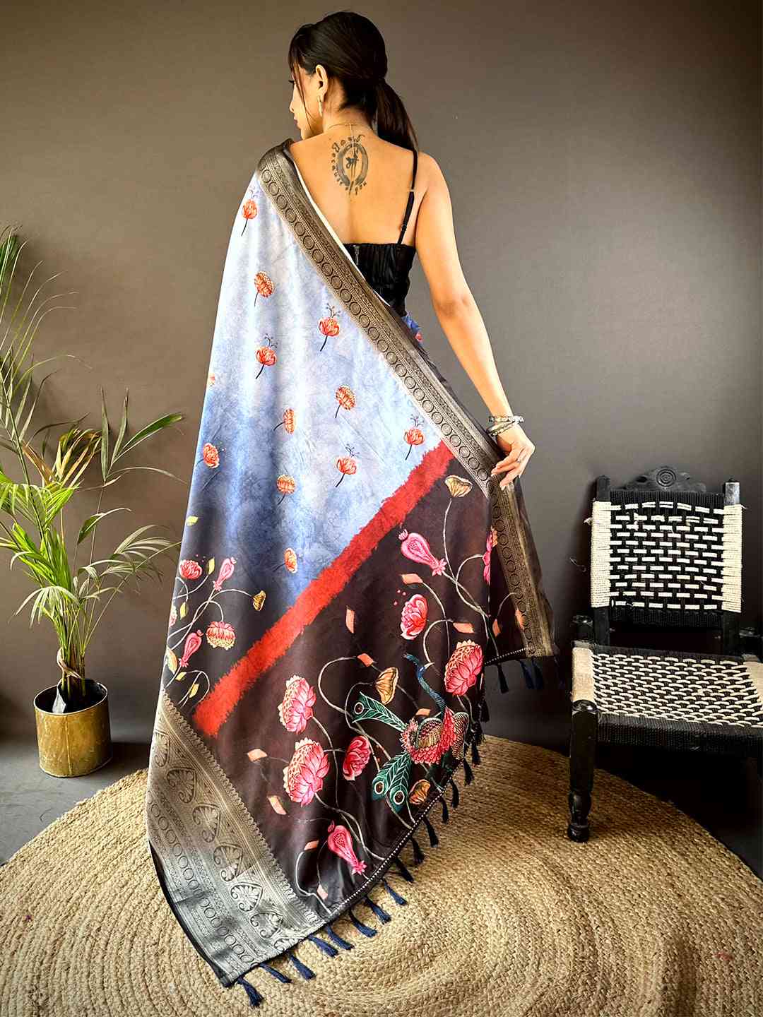 Serene Blue Soft Silk Floral Ombre Print Saree by My Store