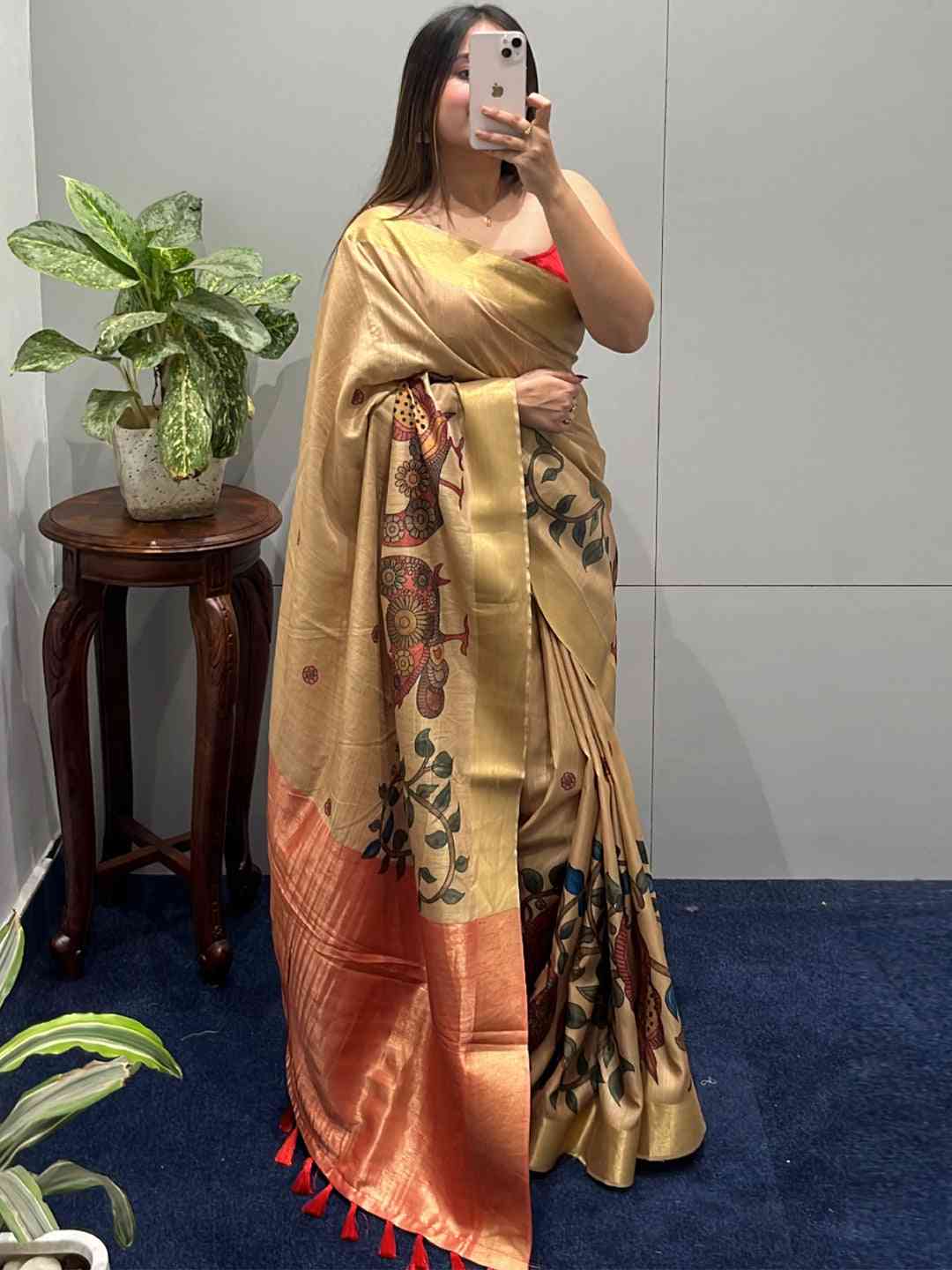 Incredible Pen Kalamkari Linen Tissue Soft Saree by My Store