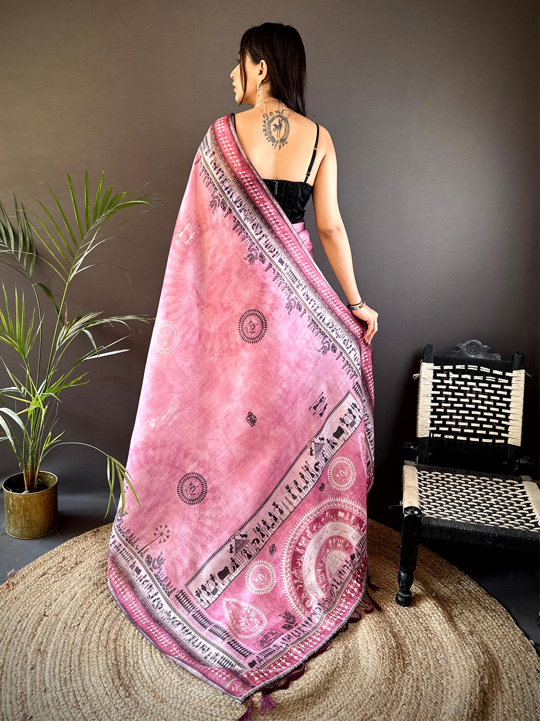 Blush Pink Warli Print Tissue Chanderi Saree by My Store