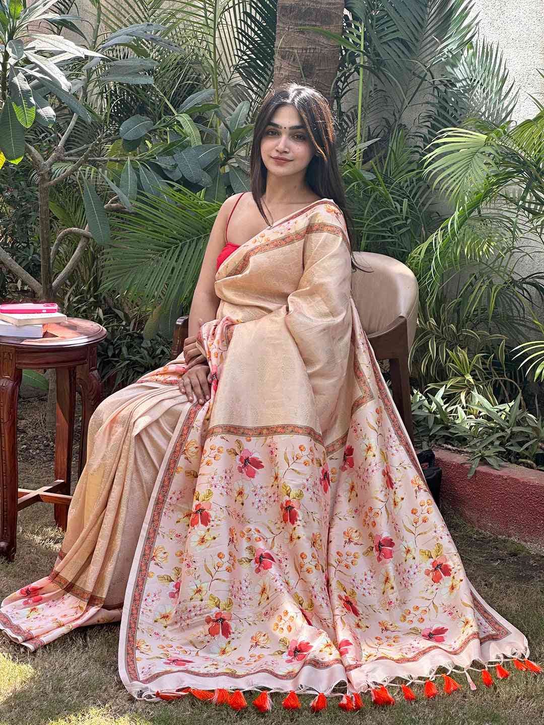 Peach Banarasi Kanjivaram Floral Print Saree by My Store