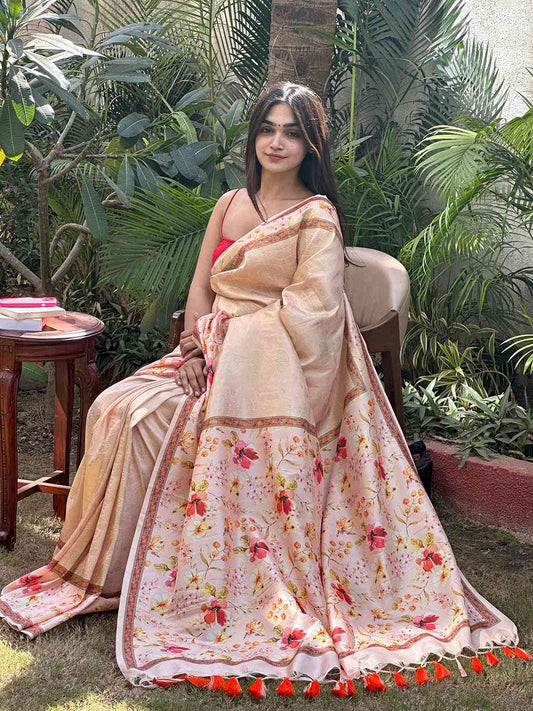 Peach Banarasi Kanjivaram Floral Print Saree by My Store