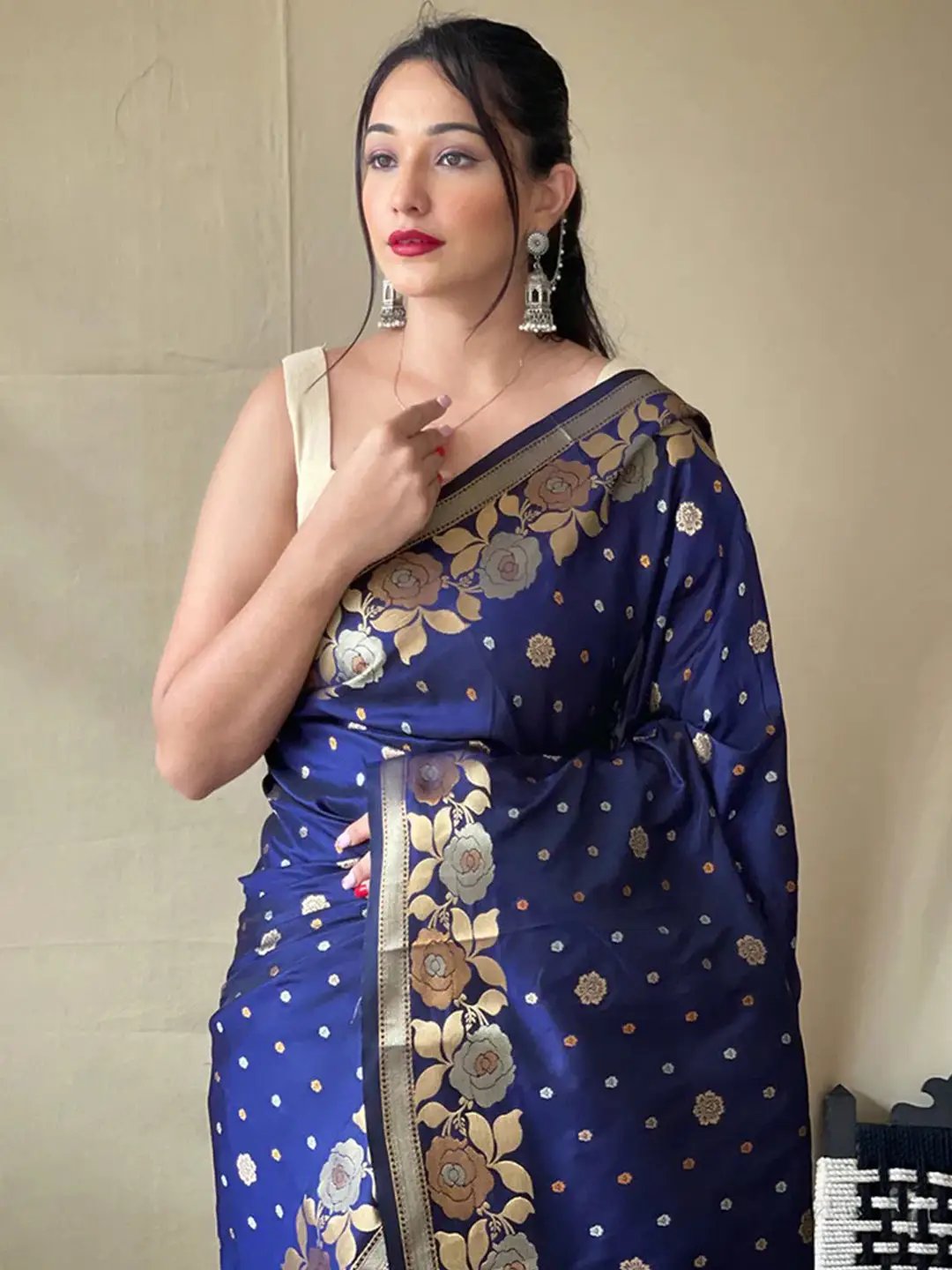 Navy Blue Colour Banarasi Silk Zari Woven Saree by My Store