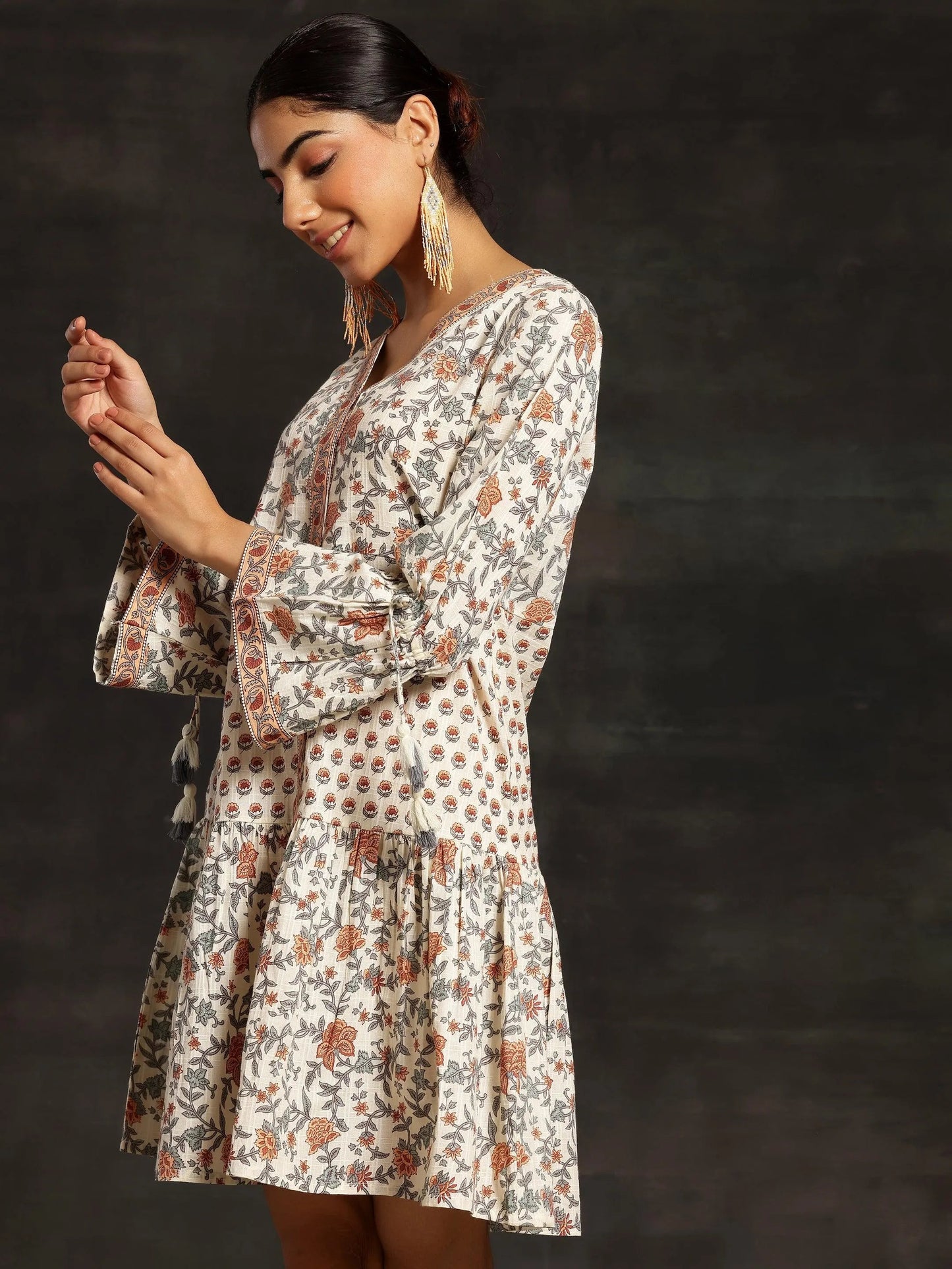 Beige Printed Cotton A-Line Dress