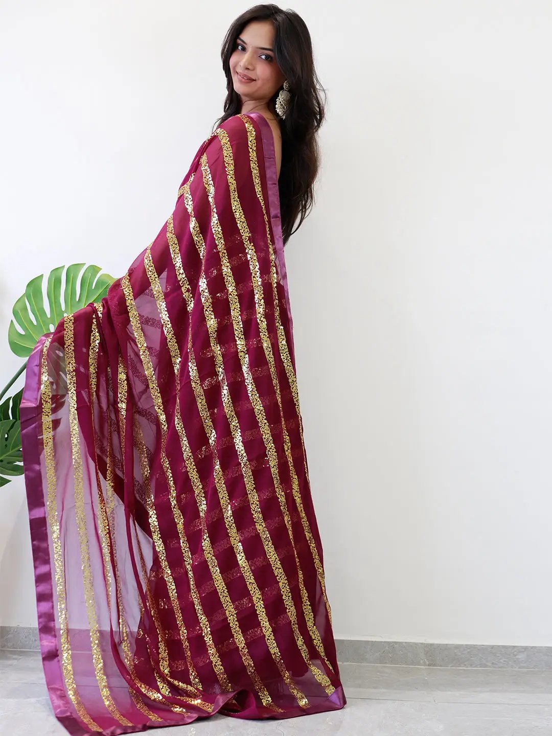 Modern Elegance Georgette Saree with Striped Sequins Work and Solid Border by My Store